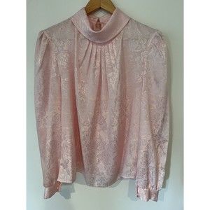 Cindy Collins Floral High Collar Pink Blouse Long Sleeve Button Up Size L